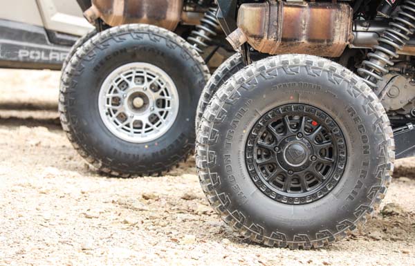 RECON TRAIL ATV & UTV Tire Sidewall Close-up of a RECON TRAIL ATV and UTV off-road tire sidewall mounted on a side-by-side vehicle.