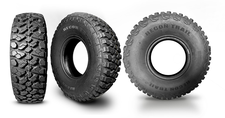 RECON TRAIL HD off-road ATV and UTV tires shown from tread, angled, and side views.